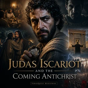 Judas Iscariot and the Coming Antichrist premium KJV prophecy study cover by VerseQuest Ministries showing Judas with silver, the betrayal, the Beast, the temple, and final deception.