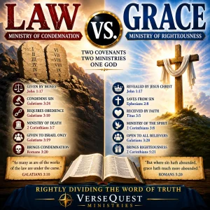 Premium KJV Bible study chart thumbnail comparing Law and Grace from a rightly divided perspective, showing condemnation under the law and righteousness through grace.