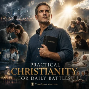Practical Christianity for Daily Battles VerseQuest Ministries poster with man holding Bible and scenes of family, prayer, work, church, and caregiving.