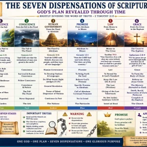 Seven Dispensations of Scripture KJV Bible study chart outlining God’s dispensational dealings with man from innocence to the millennial kingdom.
