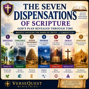 Premium KJV Bible study chart thumbnail showing the seven dispensations of Scripture from Innocence to Kingdom in a rightly divided Bible timeline format.