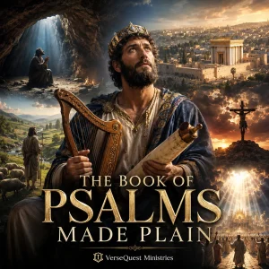 The Book of Psalms Made Plain VerseQuest Ministries poster featuring King David with harp and scroll, Jerusalem, shepherd imagery, the cross, worship, and heavenly praise.