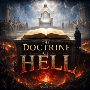 The Doctrine of Hell VerseQuest premium KJV study book cover with open Bible, judgment throne, and lake of fire