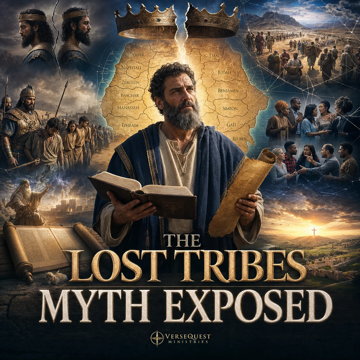 Cinematic poster for The Lost Tribes Myth Exposed featuring a central Bible teacher figure holding Scripture and a scroll, with tribal map imagery, divided crowns, scattered people, and prophecy-themed collage