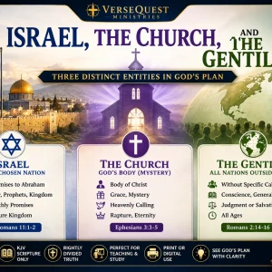 Premium KJV Bible study chart thumbnail comparing Israel, the Church, and the Gentiles as three distinct entities in God’s rightly divided plan.