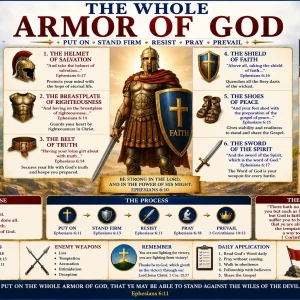 Whole Armor of God KJV Bible study chart explaining Ephesians 6 with the helmet, breastplate, shield, sword, and spiritual warfare armor.