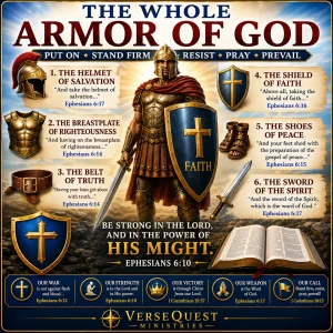 Premium KJV Bible study chart thumbnail explaining the whole armor of God from Ephesians 6 with the helmet, breastplate, belt, shield, shoes, and sword.
