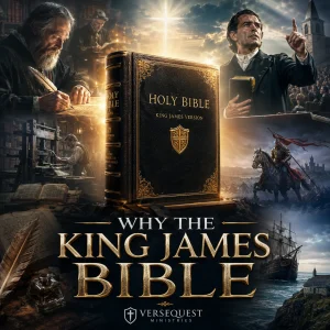 Cinematic VerseQuest poster for Why the King James Bible featuring a large KJV Bible with historical Bible translation, preaching, printing, and preservation imagery.