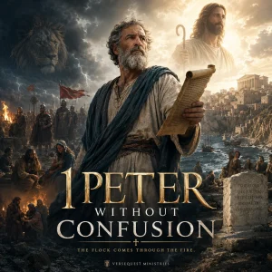 1 Peter Without Confusion book cover featuring Peter, Christ the Chief Shepherd, a roaring lion, Roman soldiers, and fiery trials
