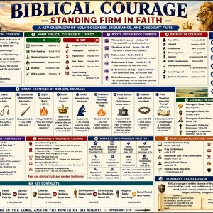 Standing firm in faith Bible chart featuring Joshua, Caleb, David, Esther, Daniel, Paul, courage in persecution, and resistance to compromise.