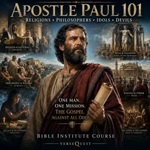 Apostle Paul 101 course poster for a 568-page KJV Bible study PDF on religions, philosophers, idols, devils, and false doctrine.