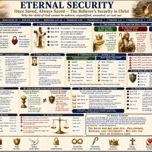 Once saved always saved Bible chart showing the believer justified, forgiven, redeemed, accepted, sealed, kept by God, and secure in Christ forever.