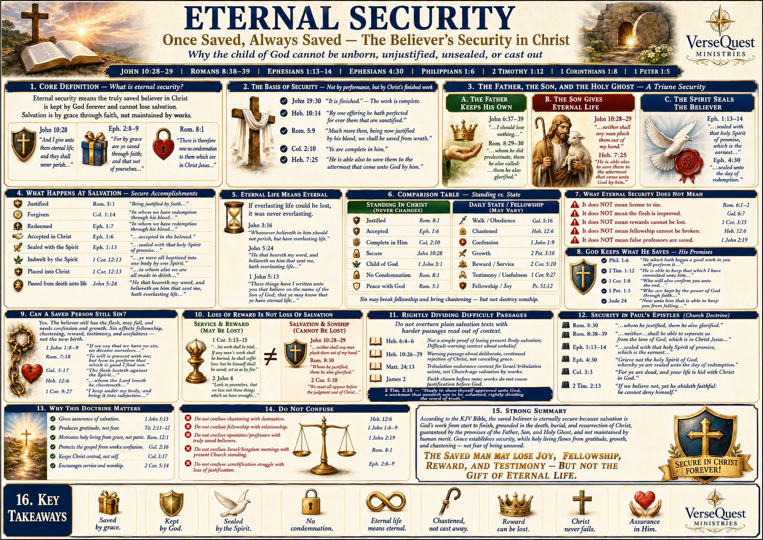 Once saved always saved Bible chart showing the believer justified, forgiven, redeemed, accepted, sealed, kept by God, and secure in Christ forever.