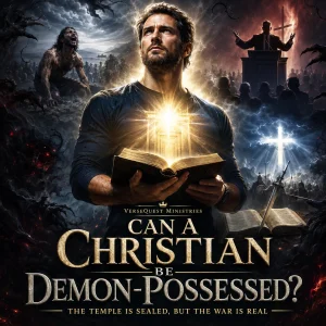 Can a Christian Be Demon-Possessed book cover showing a believer holding an open Bible while surrounded by symbolic spiritual warfare and protected by divine light.