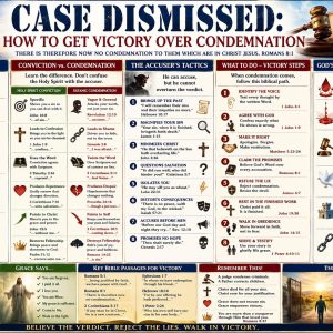 No condemnation in Christ Bible chart showing forgiveness, justification, the Holy Spirit’s seal, confession, restoration, and victory over false guilt.
