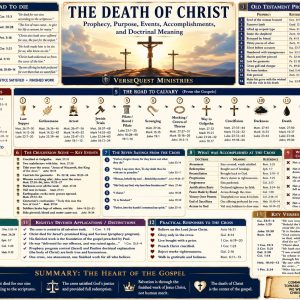 Death of Jesus Christ KJV Bible study chart showing Calvary, crucifixion events, Old Testament prophecies, seven sayings from the cross, blood atonement, and the finished work.