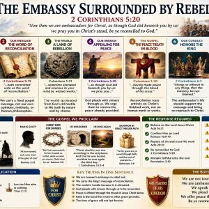 Christian embassy Bible chart showing the gospel of reconciliation, salvation by grace, a rebellious world, faithful witness, and Christ’s return.