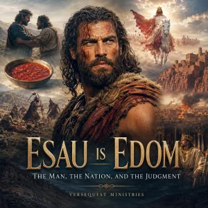 Esau Is Edom Bible study book cover featuring Esau, red pottage, Mount Seir, Edomite rulers, Petra, and Christ returning in glory.