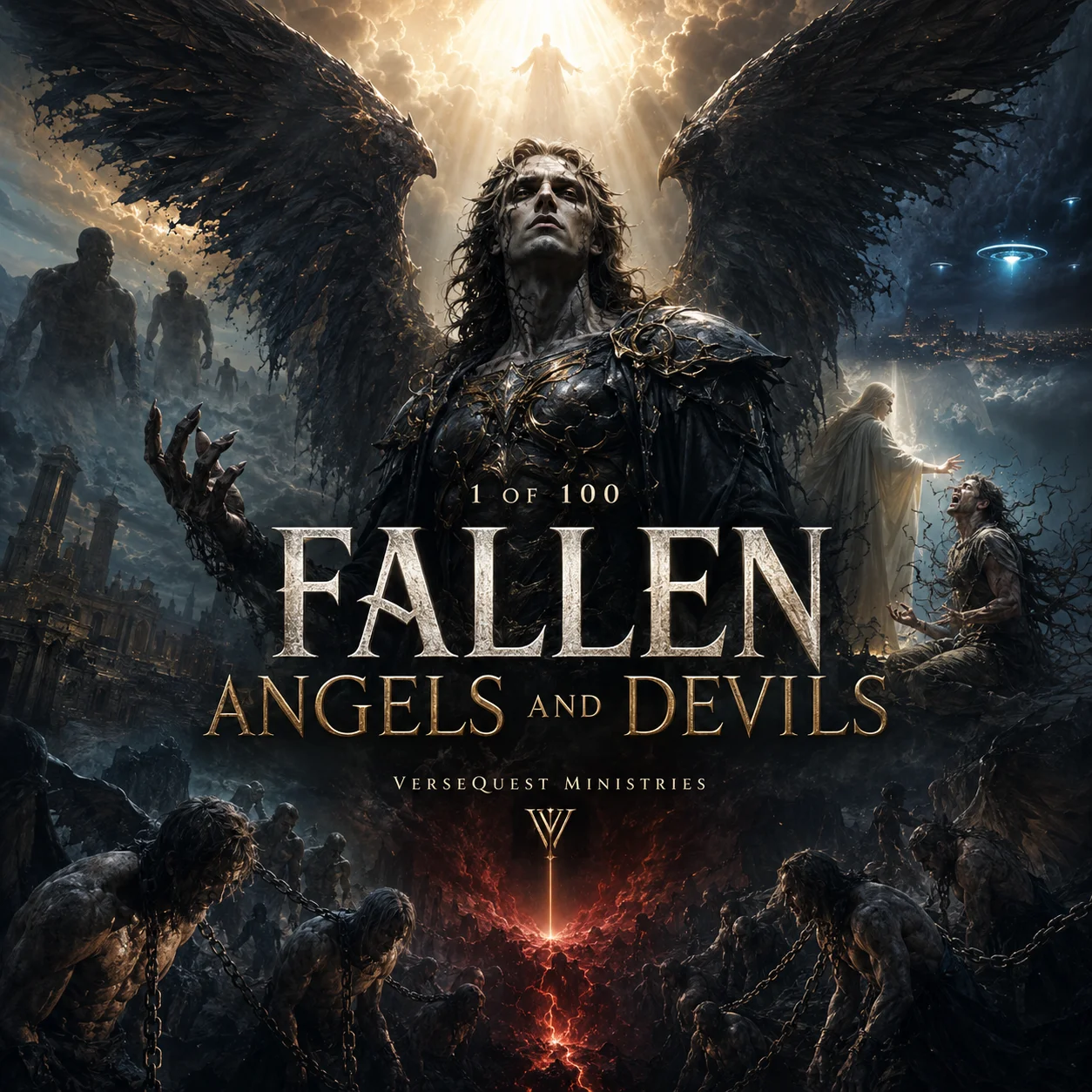 Fallen Angels and Devils VerseQuest series poster showing a fallen angel, chained spirits, giants, the abyss, and Christ’s victorious light.