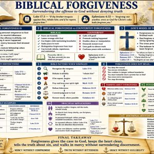 Forgiveness without denying truth Bible chart showing personal vengeance released to God, repentance, accountability, consequences, and Christian mercy.