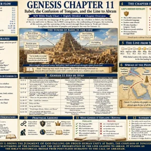 Tower of Babel Bible chart explaining Genesis 11, the plain of Shinar, human rebellion, divided languages, national dispersion, and Abram’s ancestry.