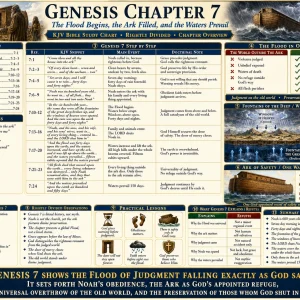 Noah's Flood Bible chart explaining Genesis 7, the ark of safety, worldwide judgment, obedience, and God's preservation of the righteous.