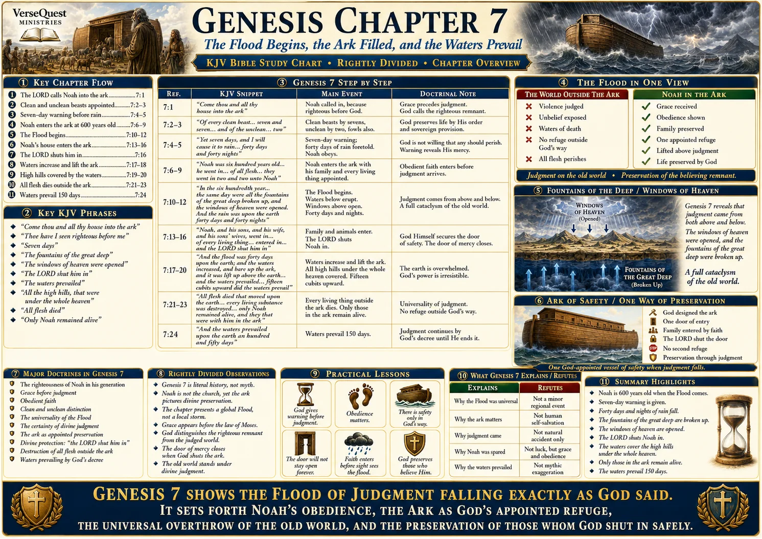 Genesis Chapter 7 Bible Study Chart – The Flood Begins, the Ark Filled, and the Waters Prevail (KJV)