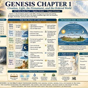 Six days of creation Bible chart explaining Genesis 1, light and darkness, waters above and below, the firmament, created kinds, and mankind’s dominion.