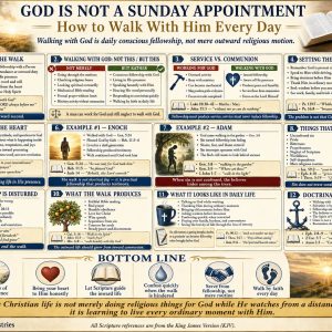 KJV Bible study chart showing how to walk with God every day through fellowship, prayer, Scripture, obedience, confession, and faith.