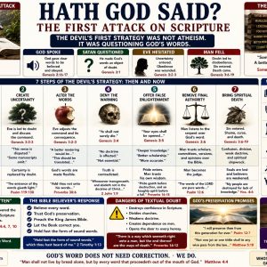 First attack on Scripture Bible chart comparing Genesis 3 deception with modern textual criticism, disputed verses, and manuscript doubt.