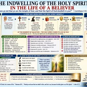 Holy Spirit in the believer Bible chart showing Spirit baptism, permanent indwelling, teaching, comfort, intercession, transformation, and Christian service.