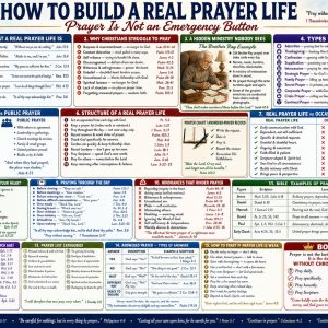 How to Build a Real Prayer Life KJV Bible study chart explaining daily prayer habits, types of prayer, prayer hindrances, answered prayer, and biblical examples.