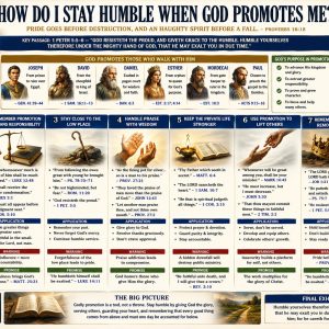 Biblical humility and promotion chart showing Joseph, David, Daniel, Esther, Mordecai, Paul, servant leadership, and warnings against pride.
