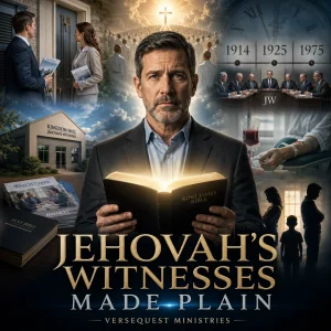 Jehovah’s Witnesses Made Plain book poster showing a Bible teacher with a glowing KJV Bible surrounded by Watchtower, prophecy, shunning, blood doctrine, and witnessing themes.