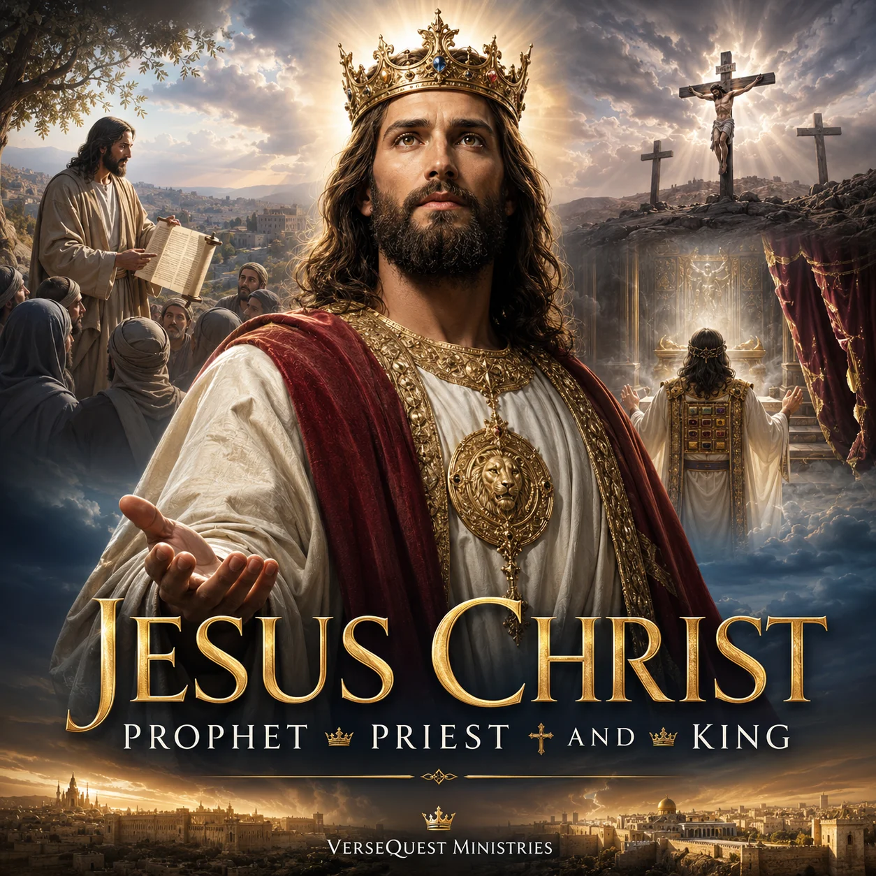 Jesus Christ Prophet Priest and King PDF book cover showing Christ crowned as King with prophetic, priestly, and crucifixion imagery