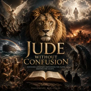 Jude Without Confusion Bible study book cover featuring a lion, Jesus Christ, fallen angels, Noah’s Ark, an open Bible, and scenes of divine judgment.