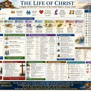 Life of Christ KJV Bible study chart showing Jesus Christ’s birth, earthly ministry, teachings, miracles, crucifixion, resurrection, ascension, and fulfilled prophecy.