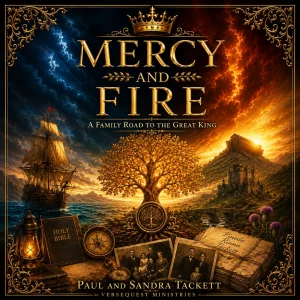 Square Mercy and Fire book cover with a golden family tree, crown, ship, Noah’s ark, Bible, castle, maps, and ancestral photographs