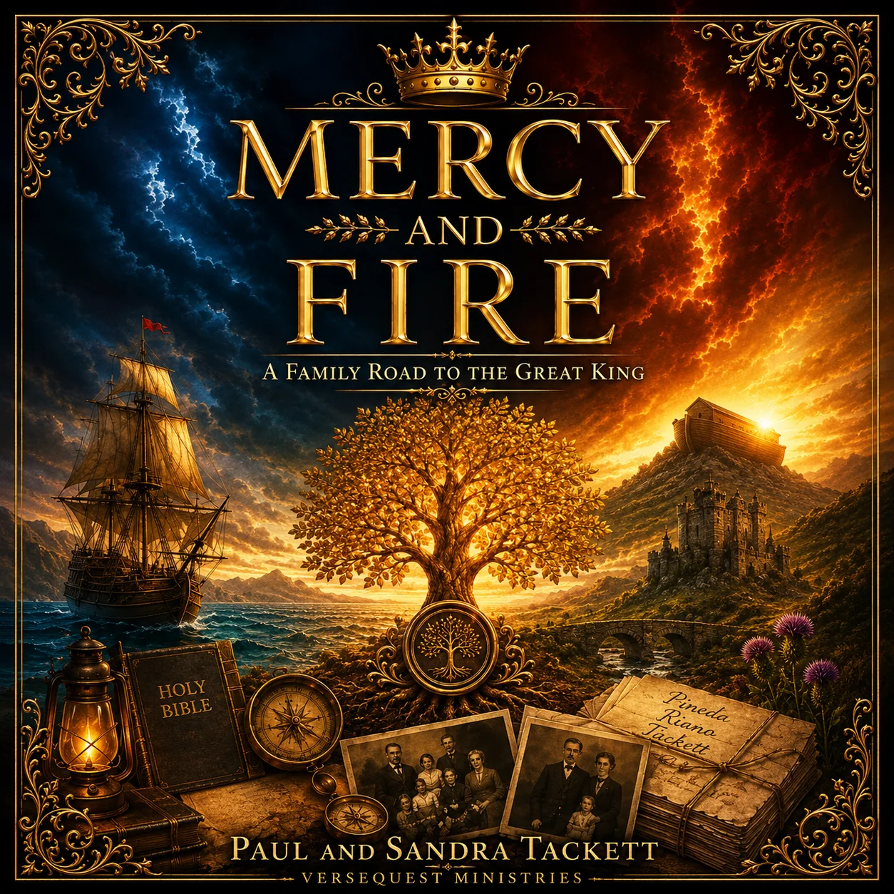 Square Mercy and Fire book cover with a golden family tree, crown, ship, Noah’s ark, Bible, castle, maps, and ancestral photographs