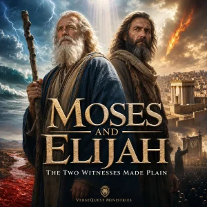 Moses and Elijah standing as the Two Witnesses of Revelation 11 in a cinematic VerseQuest Bible prophecy poster.