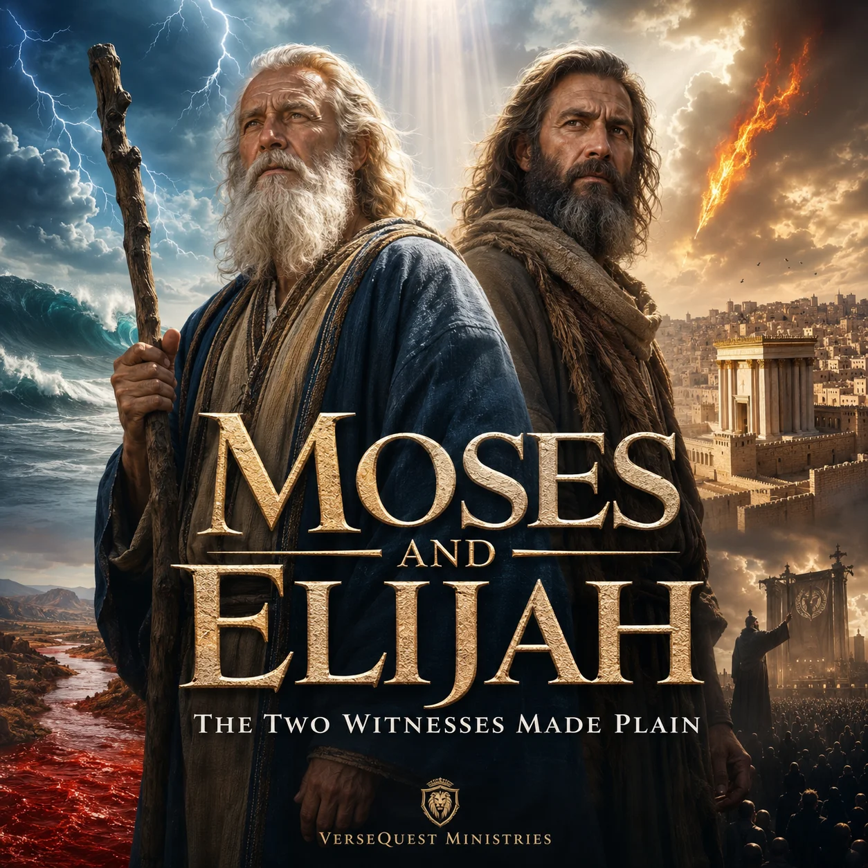 Moses and Elijah standing as the Two Witnesses of Revelation 11 in a cinematic VerseQuest Bible prophecy poster.