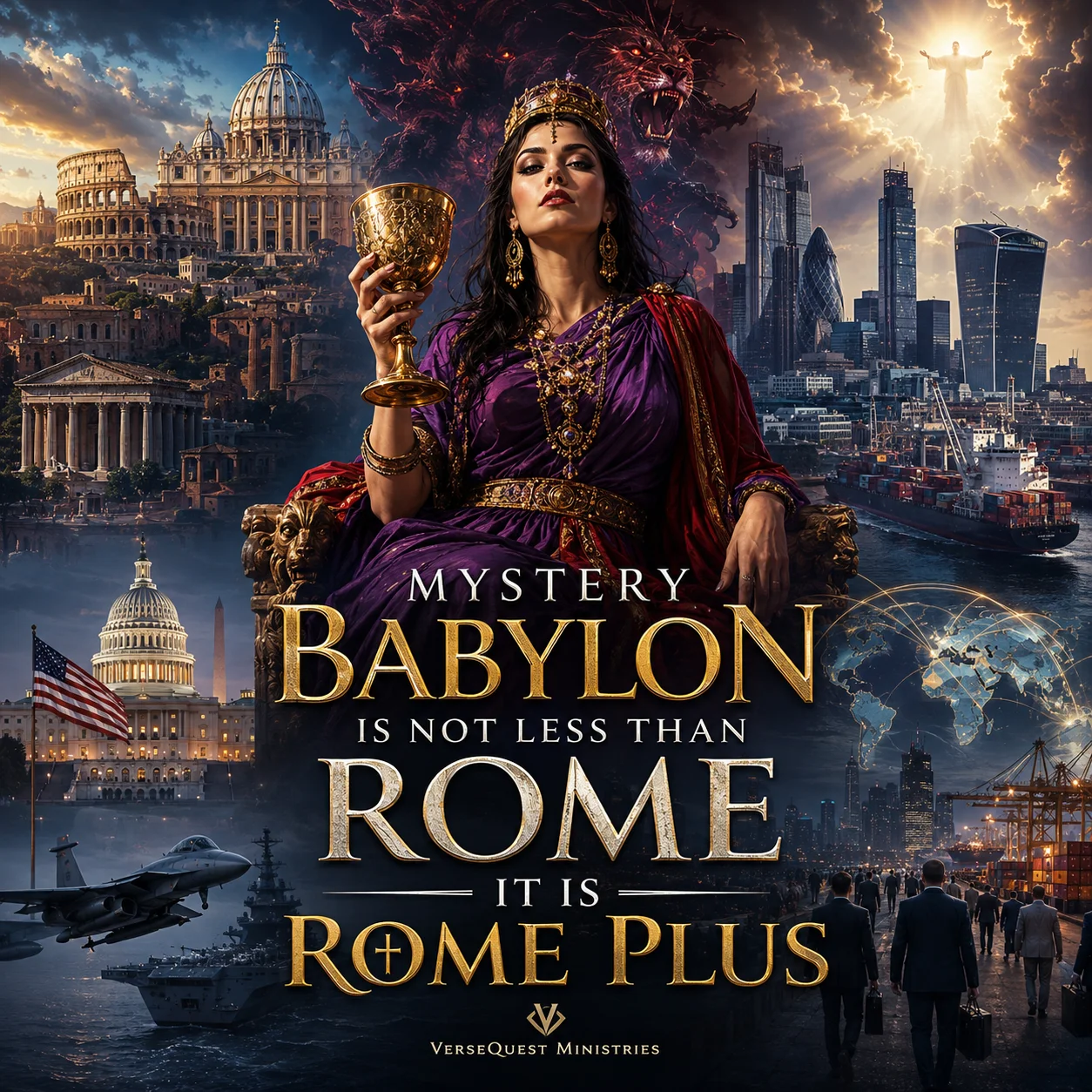 Mystery Babylon Rome Plus Bible prophecy poster showing the harlot with golden cup, Rome, global commerce, world power, beast imagery, and Christ’s victory.