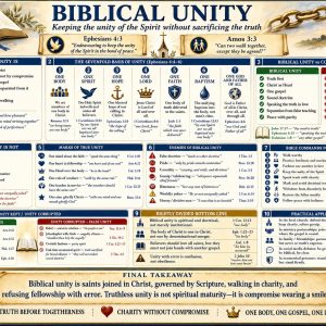 One Body one gospel Christian unity chart showing truth before togetherness, charity without compromise, doctrinal separation, and peace in Christ.