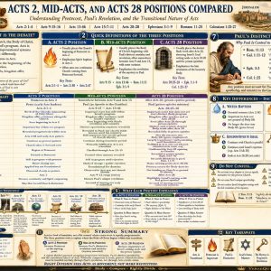 Dispensational positions Bible chart comparing Acts 2 Pentecost, Mid-Acts Pauline revelation, and Acts 28 prison-epistle doctrine.