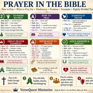 Prayer in the Bible chart explaining how to pray, what to pray for, prayer examples, hindrances, God’s answers, and rightly divided KJV prayer doctrine.