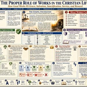 Good works after salvation Bible chart showing grace saves, faith receives, works follow, fruit proves life, and service prepares for reward.