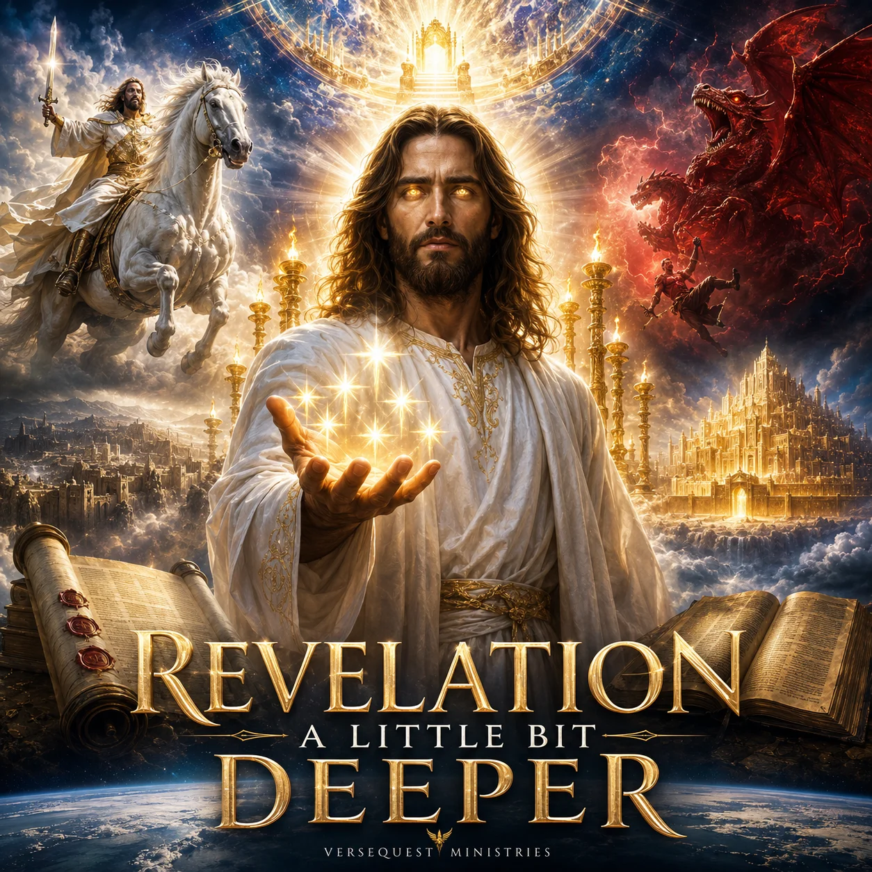 Revelation a Little Bit Deeper book cover featuring Jesus Christ, the heavenly throne, white horse, dragon, New Jerusalem, and open Bible.