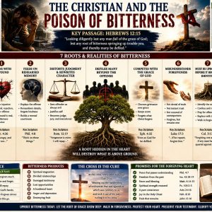 Root of bitterness Bible chart showing wounded memory, distorted judgment, vengeance, damaged relationships, forgiveness, and spiritual restoration.