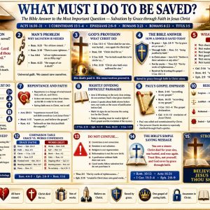 Salvation by grace through faith Bible chart showing Acts 16:31, Paul’s gospel, justification, redemption, eternal life, and no condemnation.