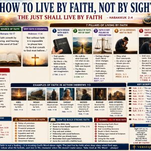 Seven pillars of living by faith Bible chart showing faith versus unbelief, obedience, suffering, God’s promises, and Christian perseverance.